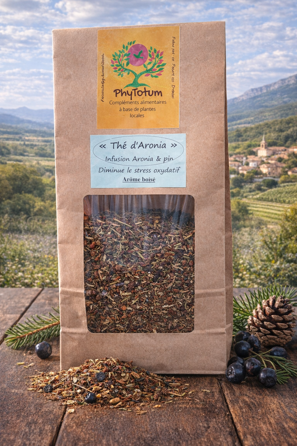 Infusion d'aronia et de pin dans une tasse en céramique